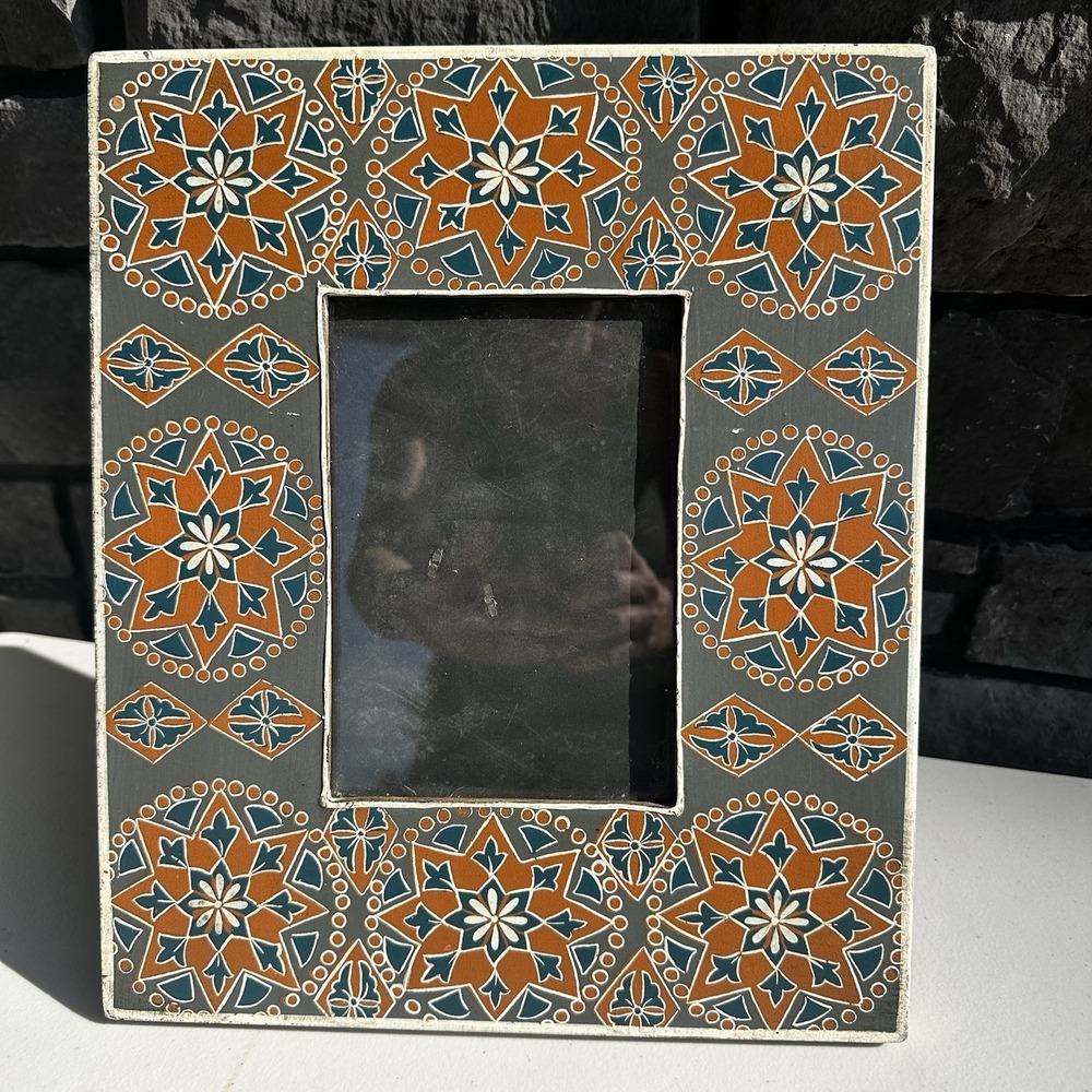 Hand Painted Wooden Photo Frame Geometric Mandala Indian Art Boho Mediterranean